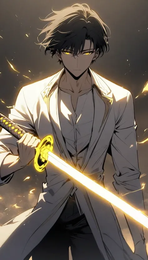 Handsome, alone, male, Short hair, Calm head, black hair, yellow eyes, white shirt, black pants, white coat, white flame,holding a katana in one hand, The blade glows yellow and white