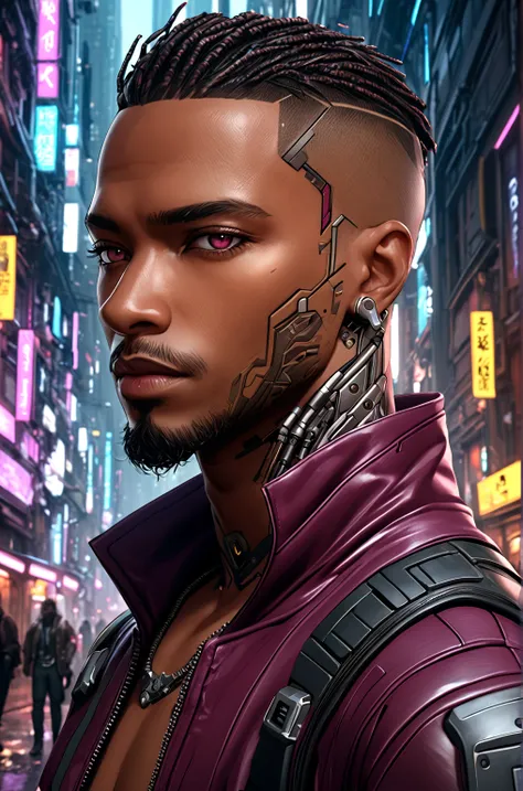 Best quality, masterpiece, full of details), 1male, official anime art illustration, African American Male with purple eyes, Dark skin man in a leather maroon colored jacket walking down a street, slickback hair, faded haircut, hyper-realistic cyberpunk st...