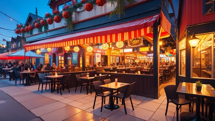 A lively and celebratory American-style restaurant exterior, vivid colors, detailed architecture, outdoor dining, festive decor, vibrant atmosphere