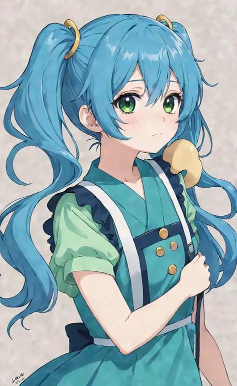 There are lots of band-aids with cute pictures on them stuck on his face、Blue long hair、Anime girl with twin tails hair, black eyes and green dress, ライトBlue long hairのpretty girl,Cute realistic portrait, pretty girl, Anime Moe Art Style, 