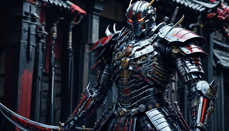 foto realista de cyborg shogun con gran espada katana, Muy detallado, metal armor, colores rojo y negro de armadura, LEDs brillantes en armadura, mechanical parts in armor,  Castillo de Osaka al fondo, fondo inmersivo, movie style, tiro completo (cuerpo co...