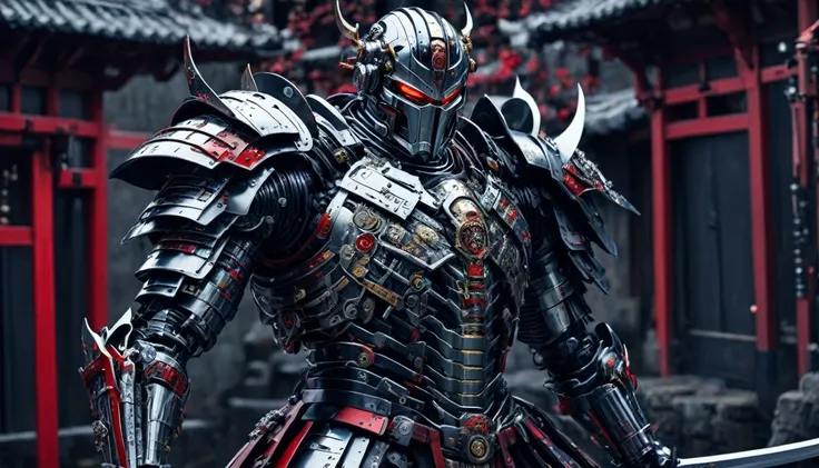 foto realista de cyborg shogun con gran espada katana, Muy detallado, metal armor, colores rojo y negro de armadura, LEDs brillantes en armadura, mechanical parts in armor,  Castillo de Osaka al fondo, fondo inmersivo, movie style, tiro completo (cuerpo co...