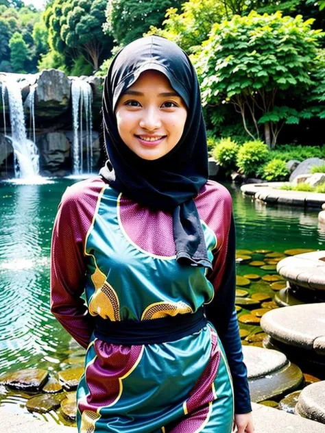 Draw a picture of a beautiful Indonesian supermodel wearing a hijab and dress with a graceful face and a sweet smile and hour-glass body, standing in front of a waterfall. Make sure her face looks realistic with fine details, and choose bright, attractive ...