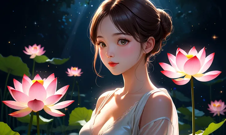 masterpiece, best quality:1.2), Digital Art Style, Charming illustrations,Peace Pictures，1 girl, beautiful eyes，Tall lotus，Solitary，Body Glow，glowing line，Fluorescence,Glow Example，Sample trace，flash，萤Light Particles，Backlight，translucent，Light Particles，C...