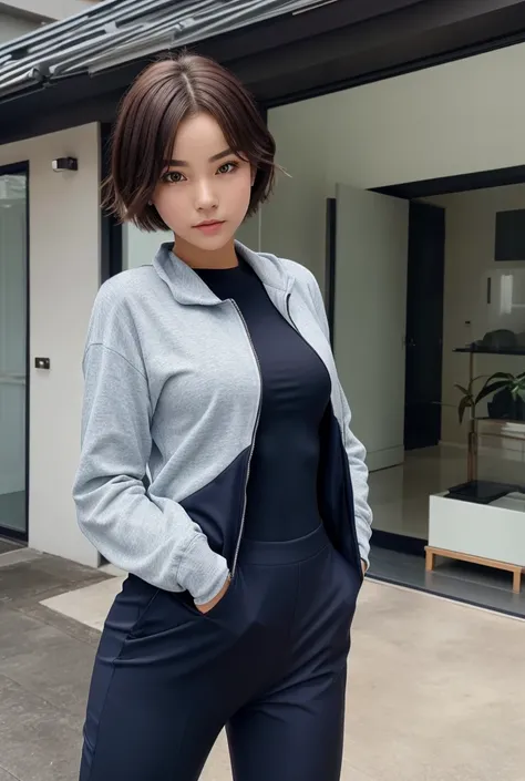 best image quality、ultra high resolution、1 girl、beautiful face、Short hair details､wearing a tight long-sleeved suit、front pose、surprised, I&#39;m regret emotion、no background, looking at the camera, regretting face.