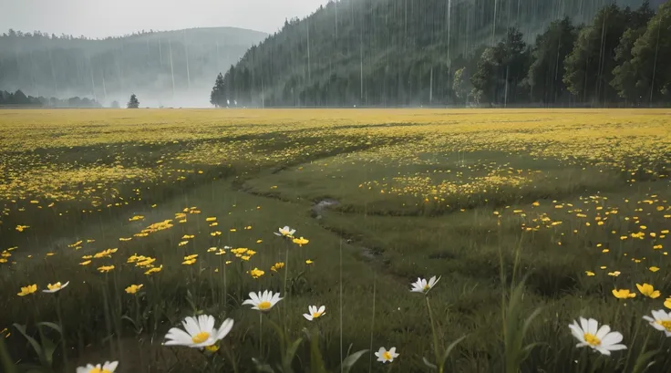 Quiet landscape with no people, no flowers blooming, closeup near the ground of a deep green meadow wet with rain. Lots of rain falling on an empty mirror-like surface, raining all the way down, overcast sky beyond the meadow, rainy landscape, photography,...