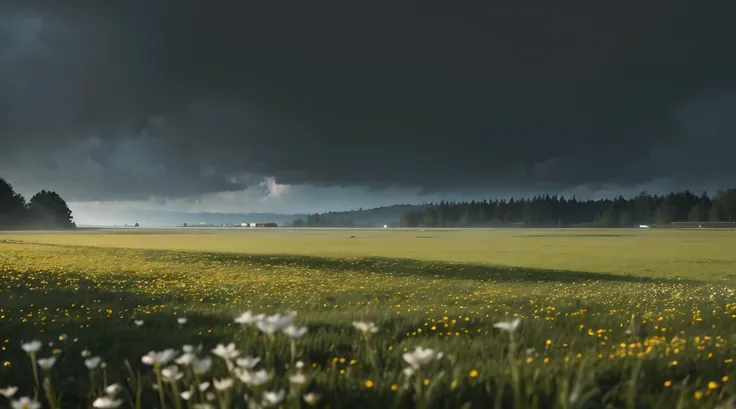 Quiet landscape with no people, no flowers blooming, closeup near the ground of a deep green meadow wet with rain. Lots of rain falling on an empty mirror-like surface, raining all the way down, overcast sky beyond the meadow, rainy landscape, photography,...