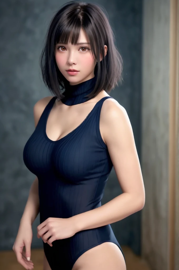 8K, of the highest quality, masutepiece:1.2), (Realistic, Photorealsitic:1.37), (super short bangs:1.6), (Blunt Bangs:1.2), short bangs, Horizontal Bangs, turtleneck swimsuit, highest quality, masterpiece, (cleavage:1.1), white hair, Beautiful young woman,...