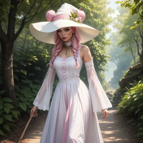 make a woman, with pink hair and white clothes like a nature witch