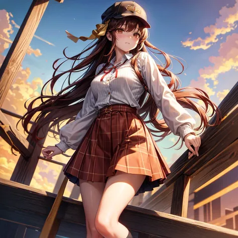 Red, brown, gold, gold hair、Golden Eyes、Braid、One good looking girl、solo、anime、Checkered mini skirt、Ruffles on the skirt、camisole、camisole、Lightweight cardigan、Black knee-high socks、Wearing a baseball cap、Wearing a ribbon、Ribbon on waist、Tilting face、Teeth...