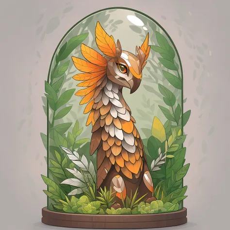 Living Totem with green orange brown bronze and silver  color palette with background in terrarium art style