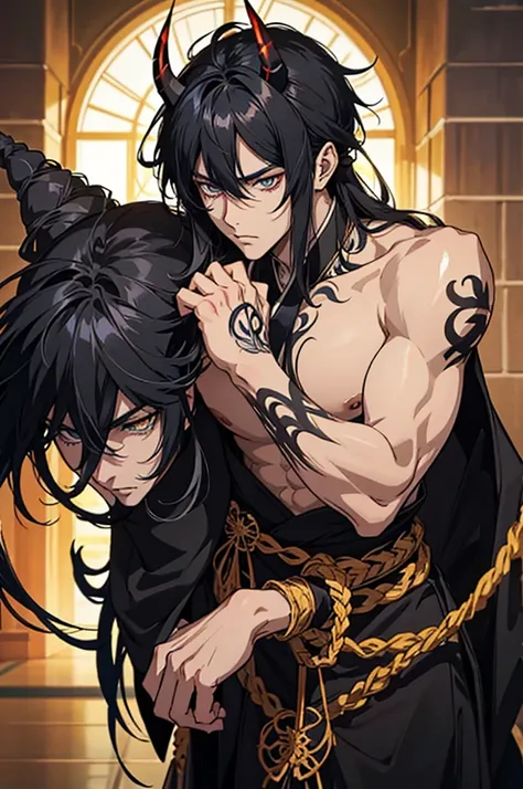 anime, male, muscular, tattoos, two black horns protruding from hair, golden eyes, bangs, beautiful, handsome japanese demon, detailed digital anime art, black hair, male anime character, inspired by tite kubo, mid 20s, masterpiece, light pencil strokes