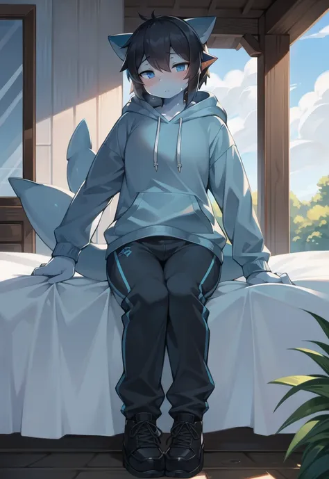 (Shark, furry, anthropomorphic), female, sitting on bed, bedroom background, outside, wearing grey sweat pants, wearing woodland camo hoodie, Furry art, light blue arms, big Shark tail, light blue legs, (light blue skin, whole body, Best quality, human lik...