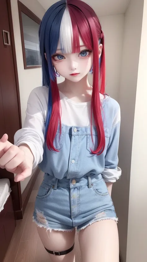 masterpiece, best quality, highly detailed,1girl,indoors, adult, split-color hair, red and blue hair, hair over eye, clothes, blue eyes、From head to toe、