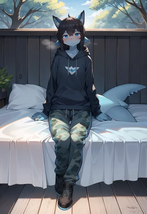 (Shark, furry, anthropomorphic), female, sitting on bed, bedroom background, outside, wearing grey sweat pants, wearing woodland camo hoodie, Furry art, light blue arms, big Shark tail, light blue legs, (light blue skin, whole body, Best quality, human lik...