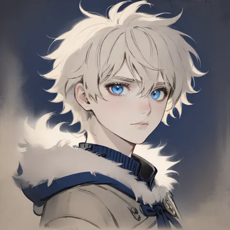 russian male, deep blue eyes with short, messy hair and pale skin. anime style.