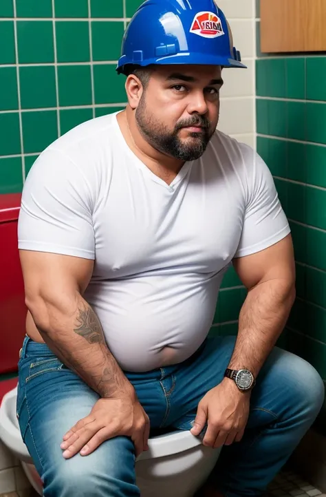 ((sitting on the toilet)),((looking and leafing through porn magazines)), his jeans are lowered next to his shoes to the floor and he is sitting naked naked sitting naked sitting naked sitting)), plump, chubby, extremely thick thighs, large belly, wearing ...