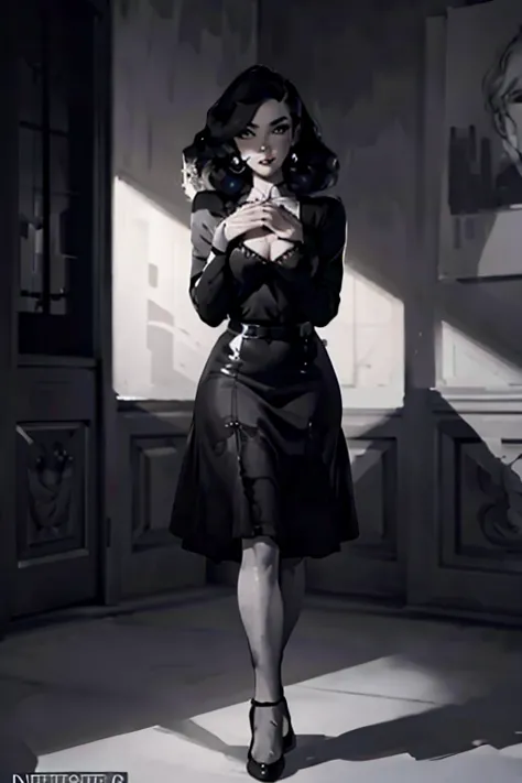 glamour pose, pinup, filmnoir1944, 1940s style,(monochrome).(rule of thirds),((hyper-realistic illustration:1.4)) beautiful 27 y...