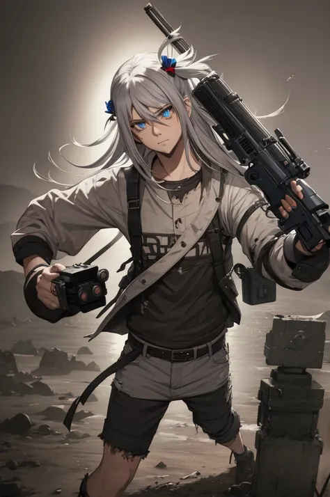 gawr gura
gray hair, hair ornaments,two side up, streaked hair,blue eyes, battling zombies, holding a gun, blood, badass, torn c...