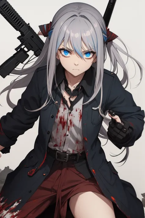 gawr gura
gray hair, hair ornaments,two side up, streaked hair,blue eyes, battling zombies, holding a gun, blood, badass, torn c...