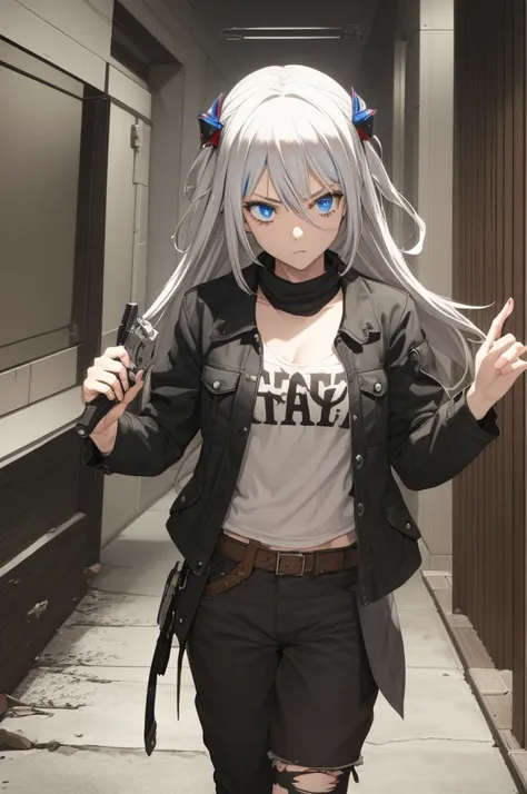 gawr gura
gray hair, hair ornaments,two side up, streaked hair,blue eyes, battling zombies, holding a gun, blood, badass, torn c...