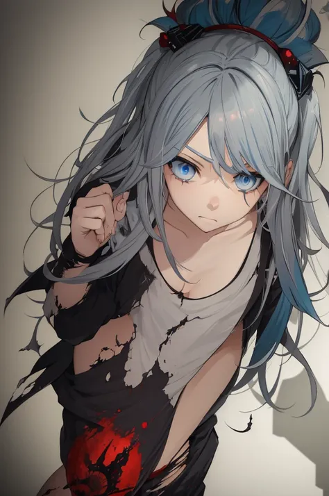 gawr gura
gray hair, hair ornaments,two side up, streaked hair,blue eyes, battling zombies, holding a gun, blood, badass, torn c...