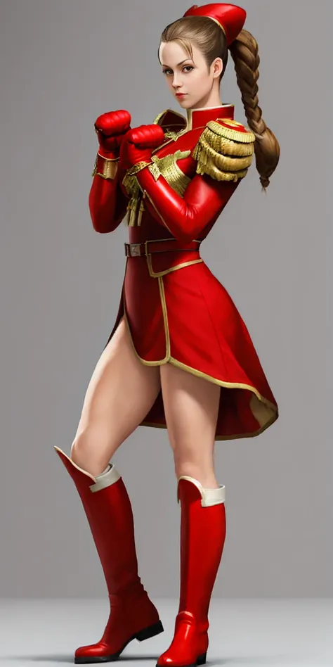 full body toe to head, red military boots and red gloves gauntlets cammy white from street fighter paw pose plain background