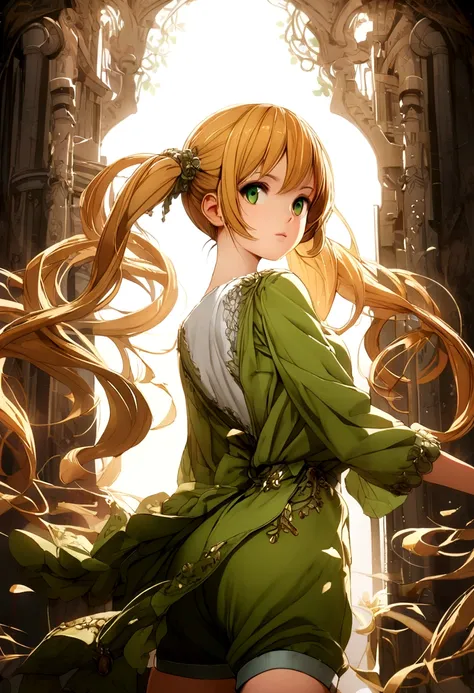 orange-blonde hair girl, pigtails to mid-back, green eyes, green jumpsuit, shorts, white t-shirt