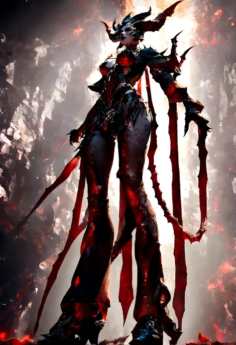 Create an image of a stunningly beautiful gorgeous perfect sexy evil sadistic lillith, detailed perfect gorgeous face, detailed vibrant eyes, full body view, large demonic horns, long tail, heavy metal bikini armor, 