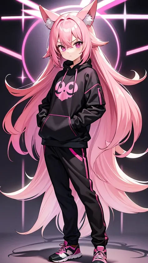 Magenta pink haired woman with pink fox ears, pink eyes, black clothes,Black kangaroo sweatshirt,black thick fabric pants, hands in pockets, front view and serious expression, black clothes.