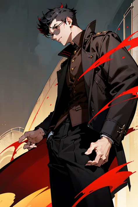 1male, black hair, black hair, short spiked hair, black eyes, red round tainted glasses, brown overcoat, black shirt, black pant...