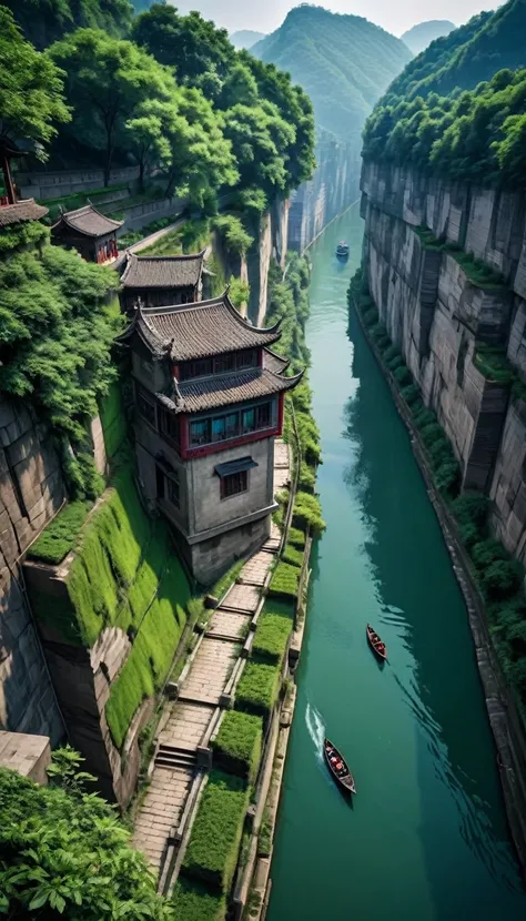 high resolution、8k masterpiece:1.3、 breathtaking aerial photography:1.1、 the terrifying cliff-top walled canal in chongqing:1.3、...