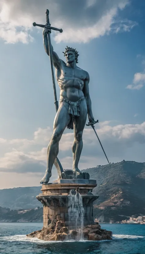 arafed statue of a man holding a sword in front of a body of water, a statue by Alexander Kucharsky, pexels contest winner, digital art, colossus of rhodes, the colossus of rhodes, standing on neptune, elon musk as a greek god, greek statue, statue of zeus...