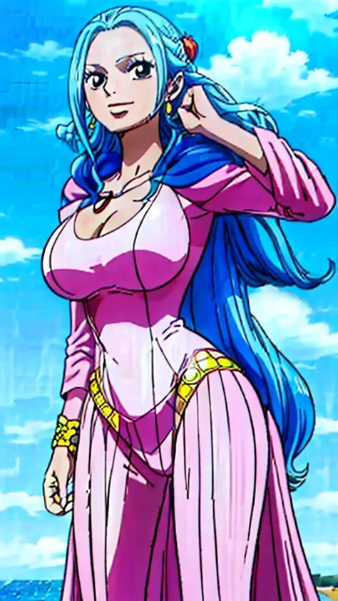 crie uma imagem full body em estilo anime de nefertari vivi do anime one piece. ela possui cabelos longos e azuis com franja est...