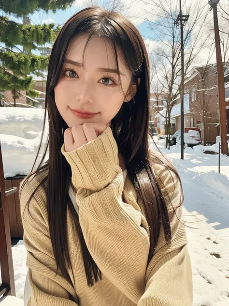 rie,One Woman,(best quality), (ultra detailed), (absolutely resolution),Face is front, 24-years-old, Expose your shoulders, Shirt and skirt, The color of the clothes is monochrome., The pattern on the clothes is zebra, Brown Hair, Hokkaido in winter、Snow-c...