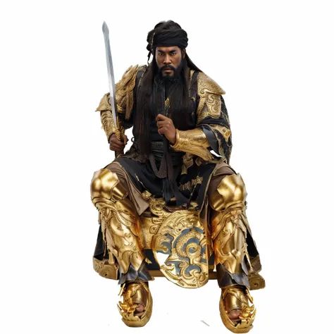 a black skin man with a long beard and a sword, chinese warrior, sitting on golden throne, luxurious robe, black bared foot, 2 golden wheel below the foot, big forehead, nearly bald