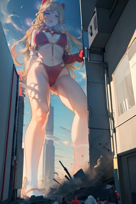 Giant Girl 50,000 feet high，Have a pair of long legs，Have a pair of huge breasts，Wearing a red bikini，Waist length blonde hair，Loose hair，Wear a pair of Mary Janes，Blonde curly hair，full of enjoyment，Standing firm in a crowded city, vandalism，It seems to b...