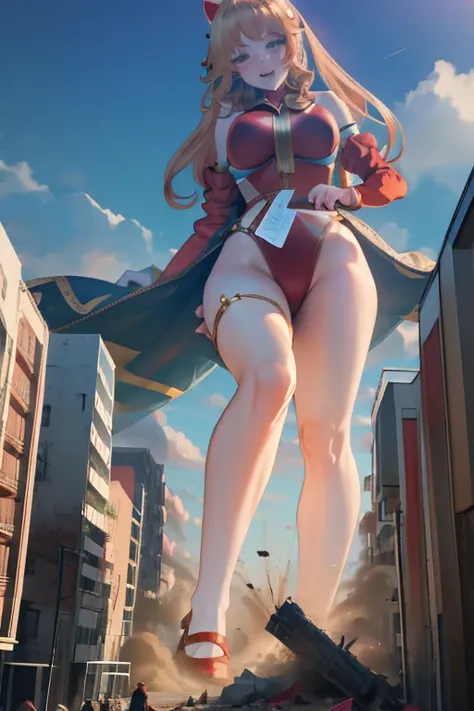 Giant Girl 50,000 feet high，Have a pair of long legs，Have a pair of huge breasts，Wearing a red bikini，Waist length blonde hair，Loose hair，Wear a pair of Mary Janes，Blonde curly hair，full of enjoyment，Standing firm in a crowded city, vandalism，It seems to b...