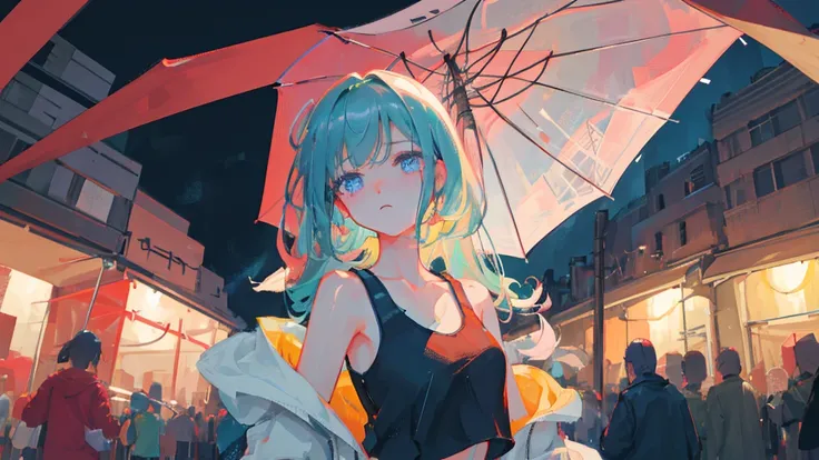 masterpiece, best quality, ultra-detailed, illustration, straight on, face focus, 1girl klee, holding umbrella,tears,wearing cropped tank top, wearing plain white cropped tank top, night city, rain,sad,highly detailed eyes, highly detailed face, highly det...