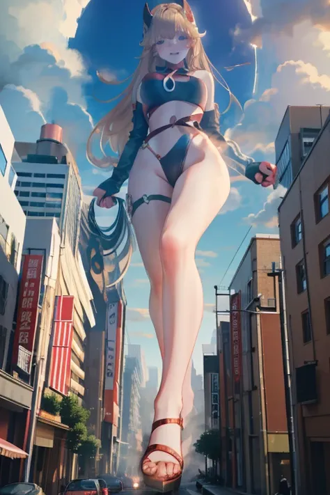 Giant Girl 50,000 feet high，Have a pair of long legs，Have a pair of huge breasts，Wearing a red bikini，Waist length blonde hair，Loose hair，Wear a pair of Mary Janes，Blonde curly hair，full of enjoyment，Standing firm in a crowded city, vandalism，It seems to b...