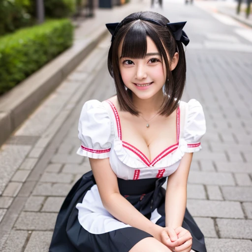 Cute face like a 15-year-old idol　Smiling Kindly　Japan maid café costumes　Maid clothes　mini skirt　Cosplay　whole body　whole bodyポートレート　Cleavage　Medium Bust　Crouch on the sidewalk　RAW Photos　Genuine　Genuine　High resolution　RAW Photos