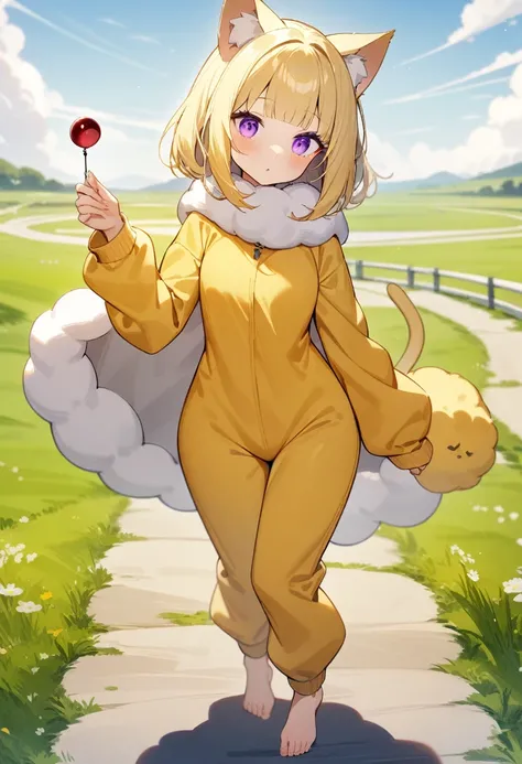 1girl, holding a pendulum, cat ears, long nose, natural breassts, long blonde hair, blunt bangs, purple eyes, baggy yellow onesie, fluffy white scarf, barefoot, grasslands road, masterpiece quality, ultra HD, 4K, best quality, 