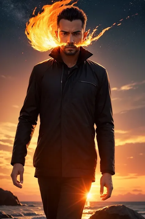 Create an image of a man calmly walking towards the horizon, with my whole head on fire in the night, o tamanho da imagem deve ser de 1920x1080