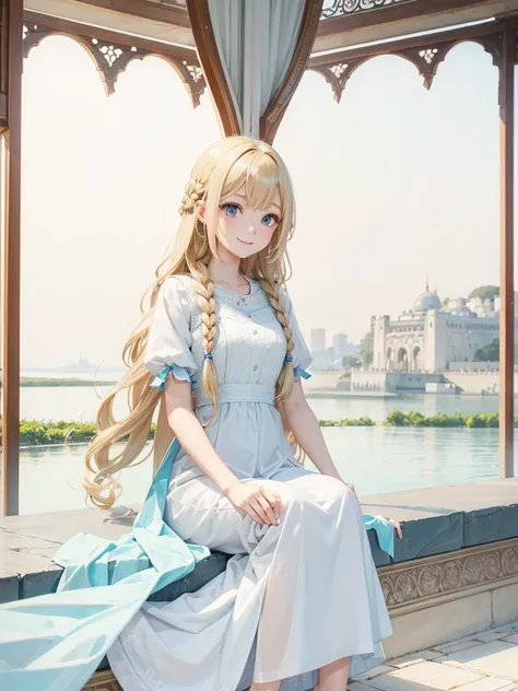 Blonde Hair、blue eyes、girl、Lady、Braiding、I have long hair。、girl、White dress、smile、Vertical Roll、Drill Hair、Wavy Hair、Sitting、palace、reservoir