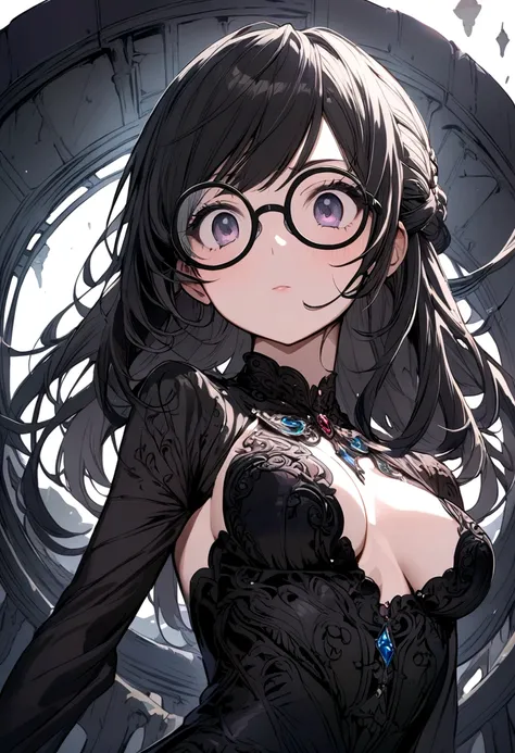 anime girl,with black hair black rounded glasses with a dark 