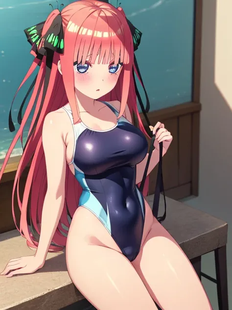 masterpiece, best quality, insanely detailed, beautiful, nino nakano, long hair, bangs, blue eyes, hair ornament, hair ribbon, pink hair, blunt bangs, two side up, butterfly hair ornament, blush, large brests, High leg swimsuit, one-piece swimsuit