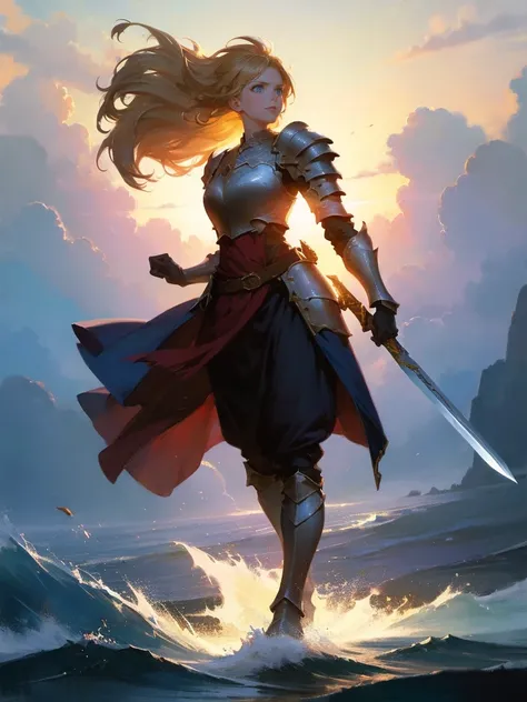 masterpiece, best quality, rpg character art, epic fantasy art style, 1 woman, Emily, 18 year old woman, serious and mature demeanor, focused in battle, rushing to a battle, using her wind based powers, super powers, wrapped in wind, full body fantasy conc...