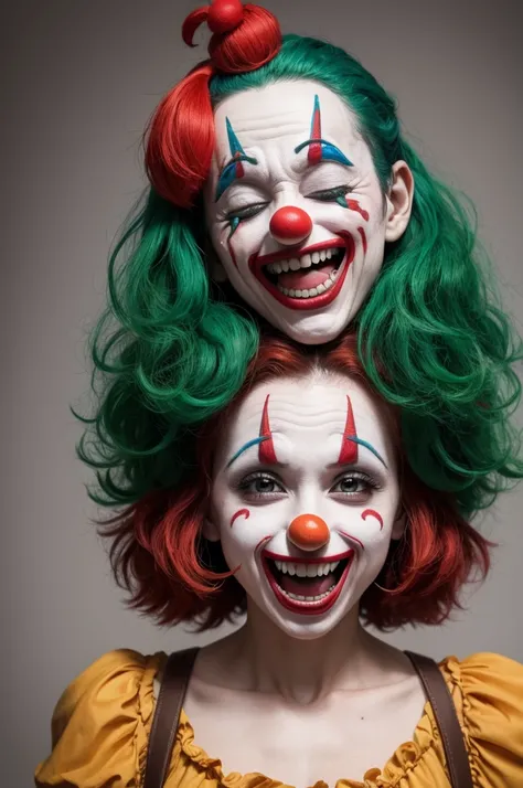 Create a clown laughing unnaturally without one of its eyes, e a boca cheia de sangue, com o cabelo verde e pele branca 