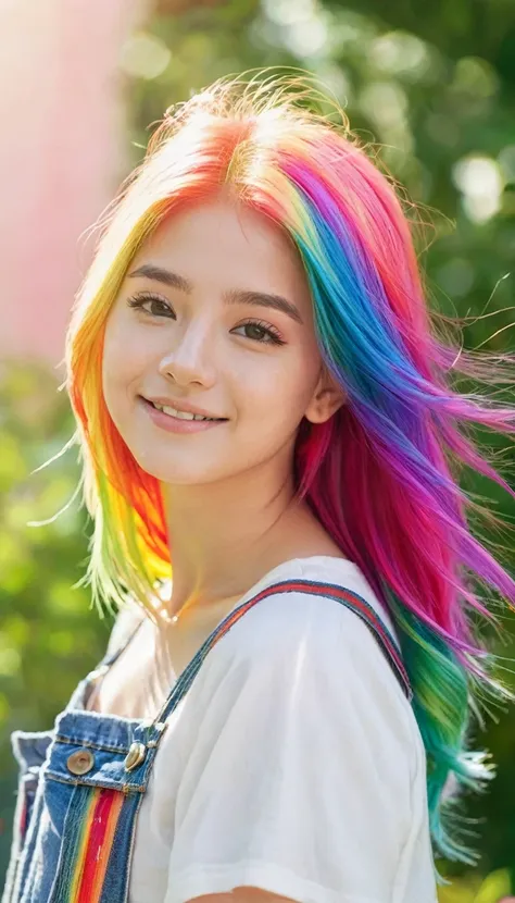 the brightness of a sunny summer day々under the clear sky、a stunning portrait of a 17-year-old girl with rainbow-colored hair tha...