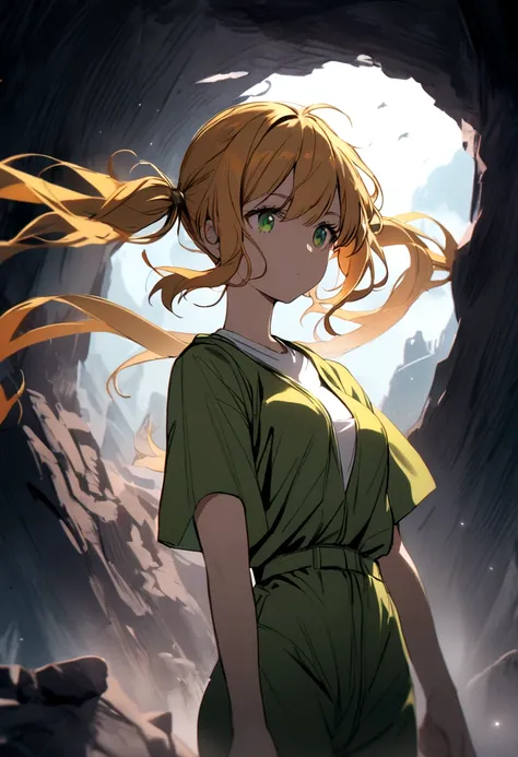 girl with orange-yellow hair, long pigtails, green eyes, green jumpsuit, white t-shirt inside